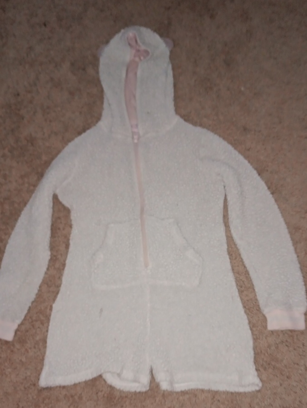 Cozy Hooded Girls' Plush Romper - White with Pink Trim